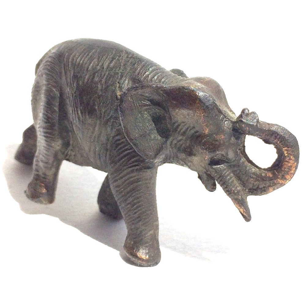Miniature Elephant Figurine Cast Metal Trunk Up Small Good Luck Decor